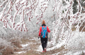 Tourists enjoy frost scenery in Guiyang, SW China's Guizhou