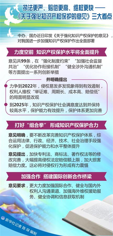 （圖表）[新華調(diào)查]執(zhí)法更嚴(yán)、賠償更高、維權(quán)更快——《關(guān)于強(qiáng)化知識(shí)產(chǎn)權(quán)保護(hù)的意見》三大看點(diǎn)